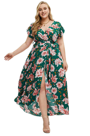 Plus Size Kwiatowy Nadruk Zielona Sukienki Na Co Dzień z Krótki Rękaw